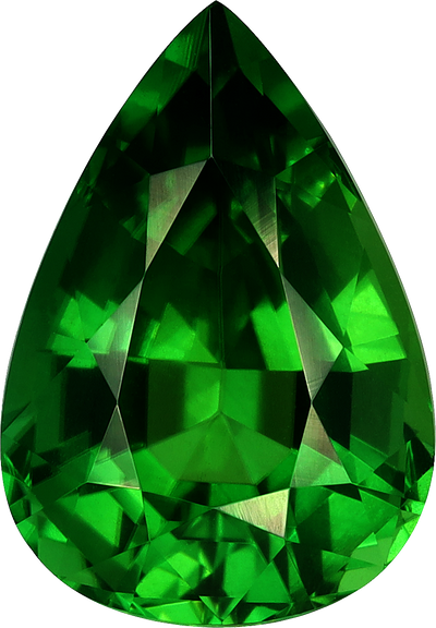 Pear cut chrome tourmaline, 11.16 by 7.76 mm, shown at actual size