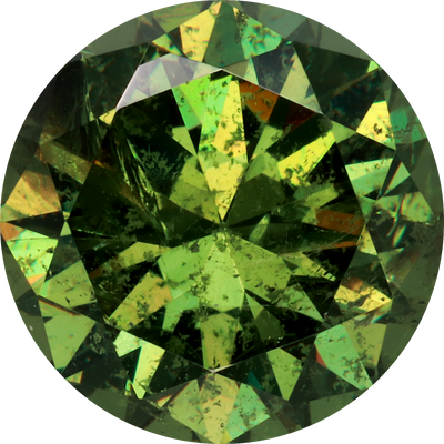 Round cut demantoid garnet, 10.28 by 10.33 mm, shown at actual size