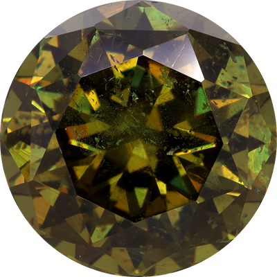 Round cut demantoid garnet, 12.83 by 12.9 mm, shown at actual size