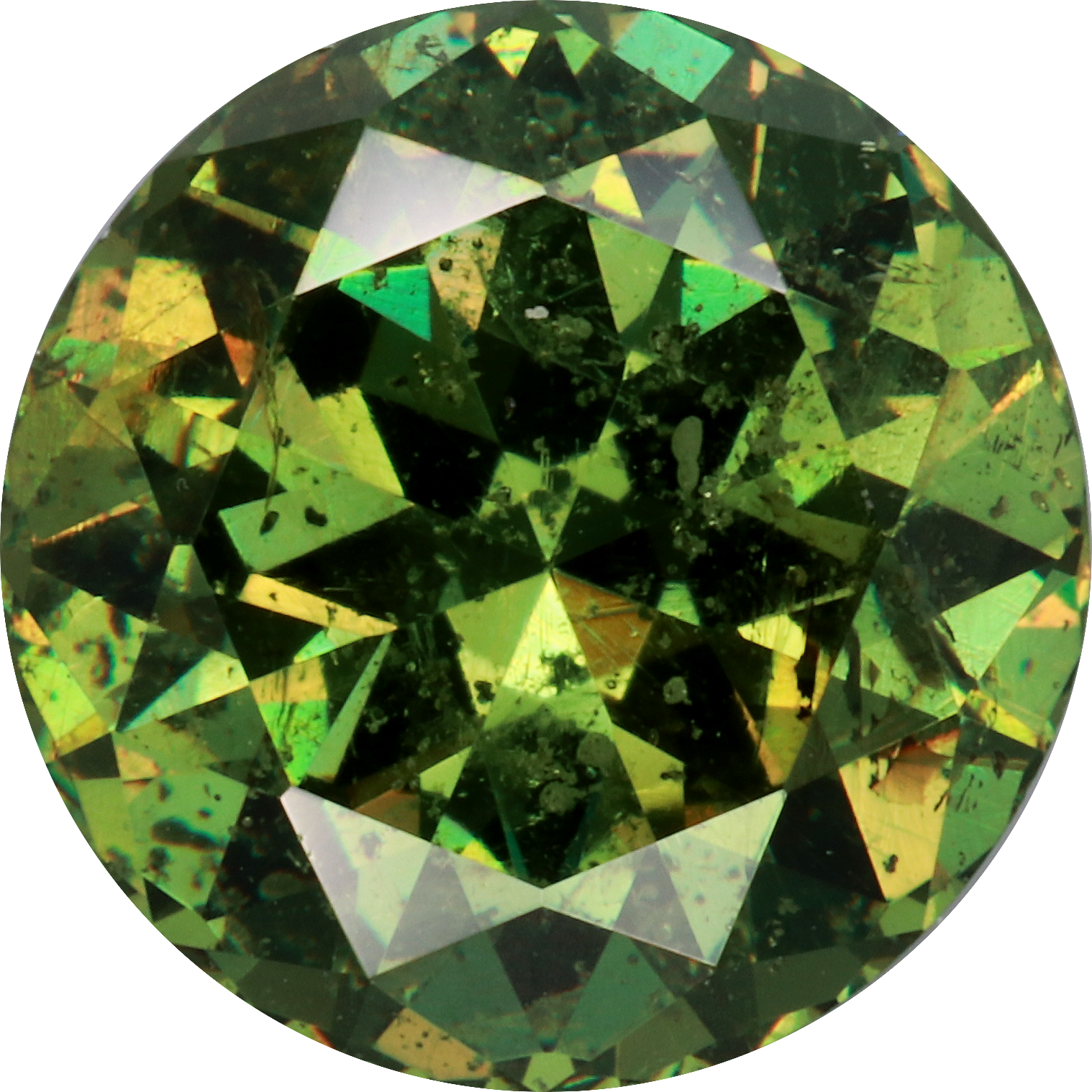 Round cut demantoid garnet, 10.36 by 10.18 mm, shown at actual size