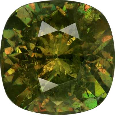 Cushion cut demantoid garnet, 11.57 by 11.57 mm, shown at actual size