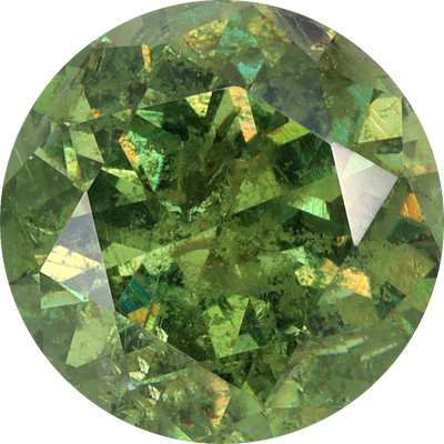 Round cut demantoid garnet, 9.26 by 9.34 mm, shown at actual size