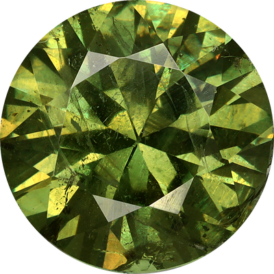 Round cut demantoid garnet, 9.4 by 9.27 mm, shown at actual size
