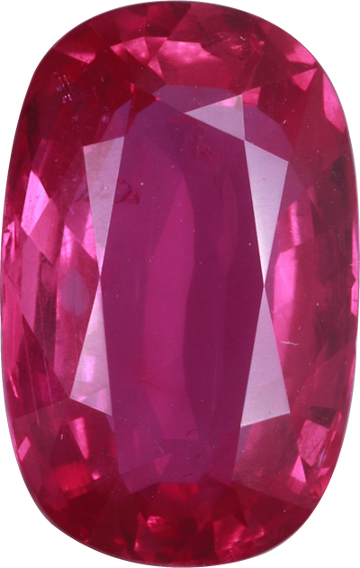 Cushion cut mozambique ruby, 12.28 by 7.81 mm, shown at actual size