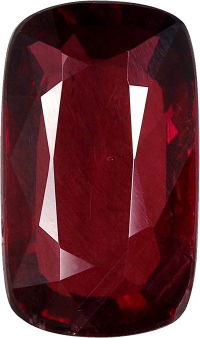 Cushion cut mozambique ruby, 10.77 by 6.34 mm, shown at actual size
