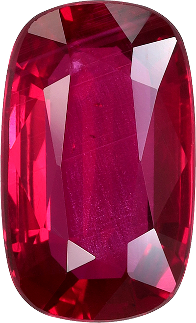 Cushion cut mozambique ruby, 10.08 by 6.11 mm, shown at actual size