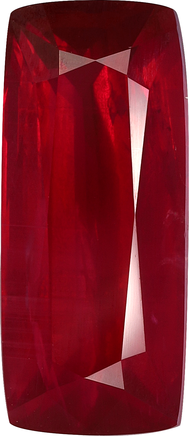 Cushion cut mozambique ruby, 13.4 by 5.83 mm, shown at actual size