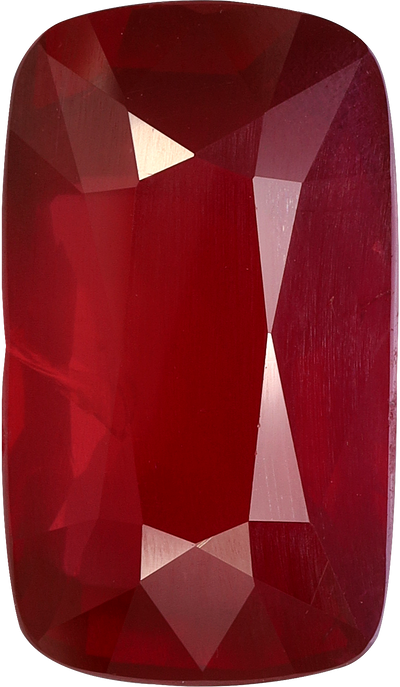 Cushion cut mozambique ruby, 12.86 by 7.52 mm, shown at actual size
