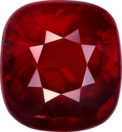 Cushion cut mozambique ruby, 9.67 by 9.03 mm, shown at actual size