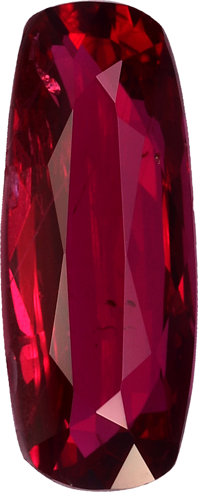 Cushion cut mozambique ruby, 9.51 by 3.84 mm, shown at actual size