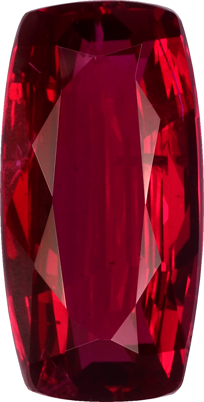 Cushion cut mozambique ruby, 9.18 by 4.67 mm, shown at actual size