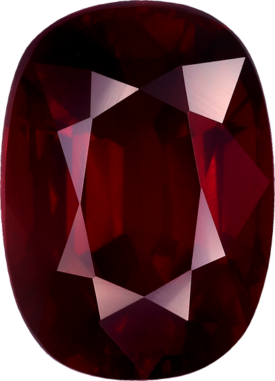 Cushion cut mozambique ruby, 9.53 by 6.86 mm, shown at actual size