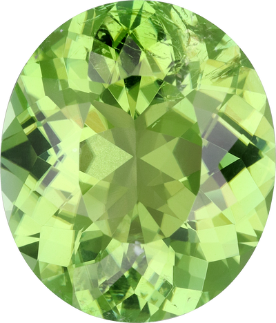 Oval cut green tourmaline, 14.17 by 12.08 mm, shown at actual size