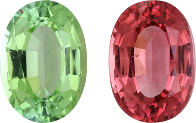 Oval cut compliment colour tourmaline, 12.83 by 9.13 mm, shown at actual size