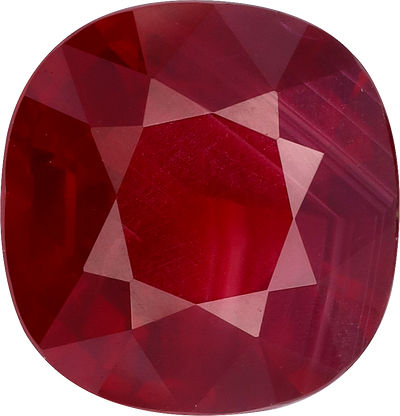 Cushion cut mozambique ruby, 8.89 by 8.59 mm, shown at actual size