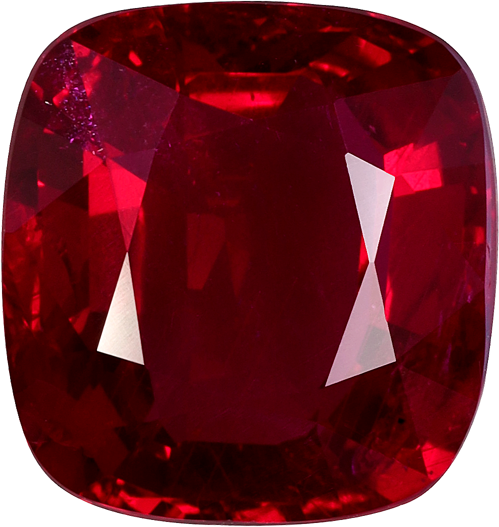 Cushion cut mozambique ruby, 9.94 by 9.34 mm, shown at actual size