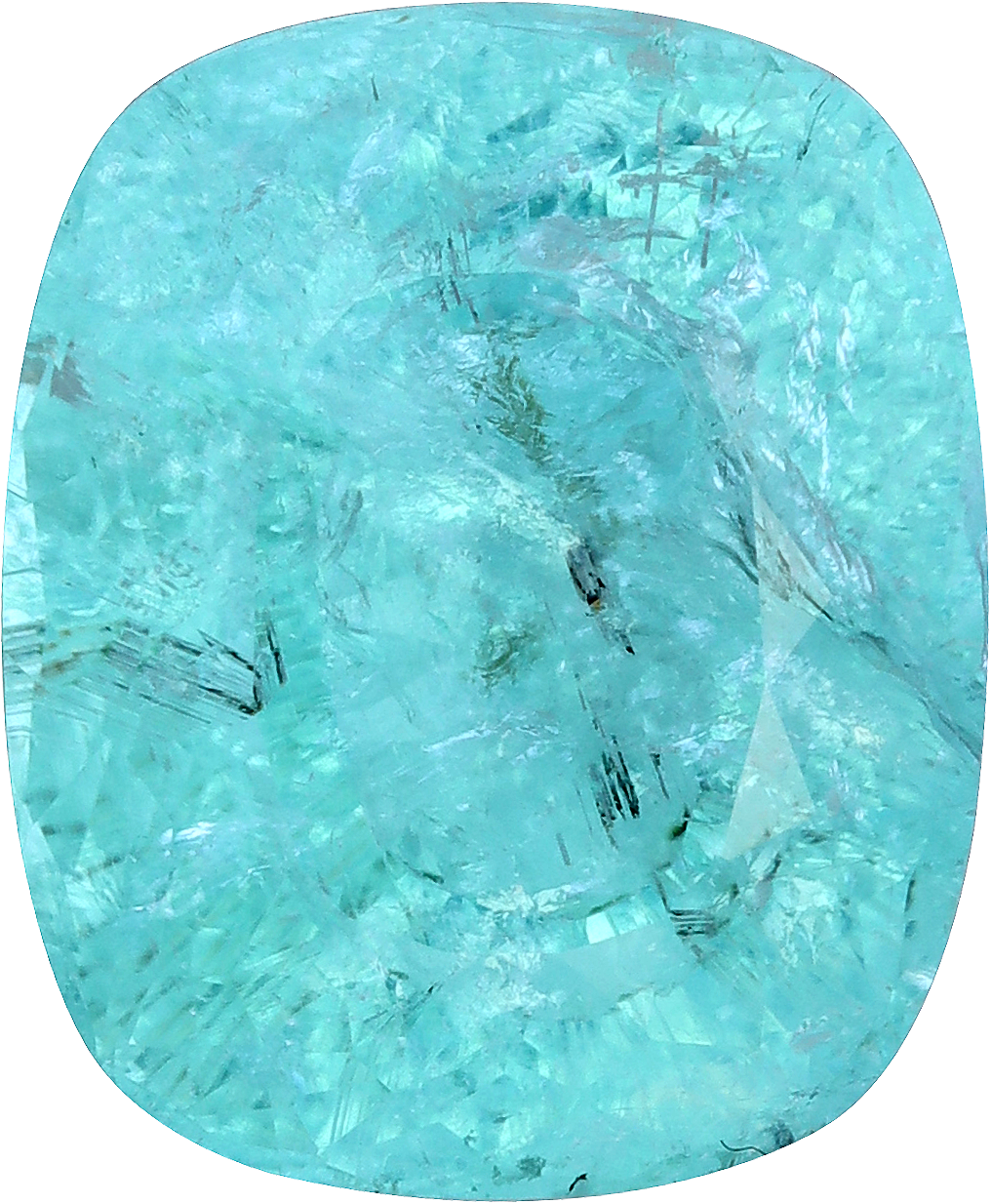 Cushion cut paraiba tourmaline, 12.99 by 10.61 mm, shown at actual size