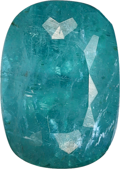 Cushion cut paraiba tourmaline, 6.36 by 4.59 mm, shown at actual size