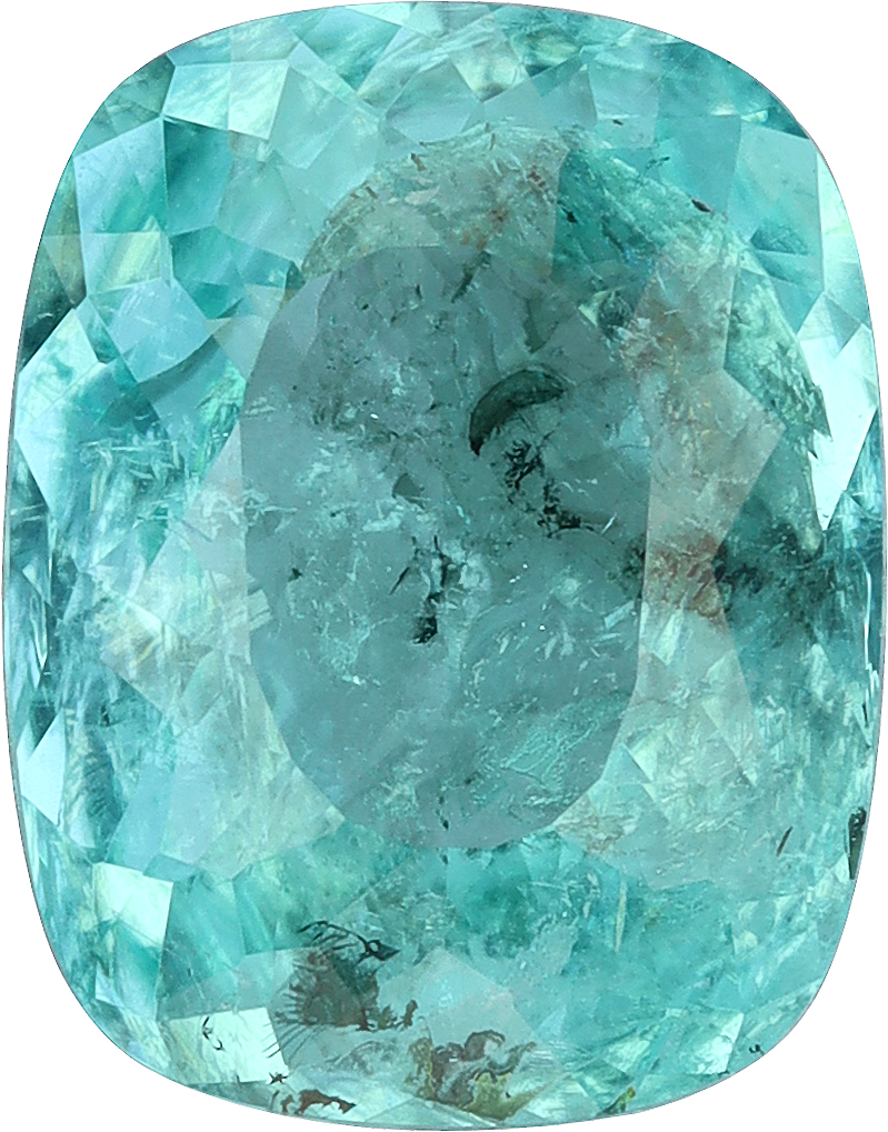 Cushion cut paraiba tourmaline, 10.1 by 7.88 mm, shown at actual size