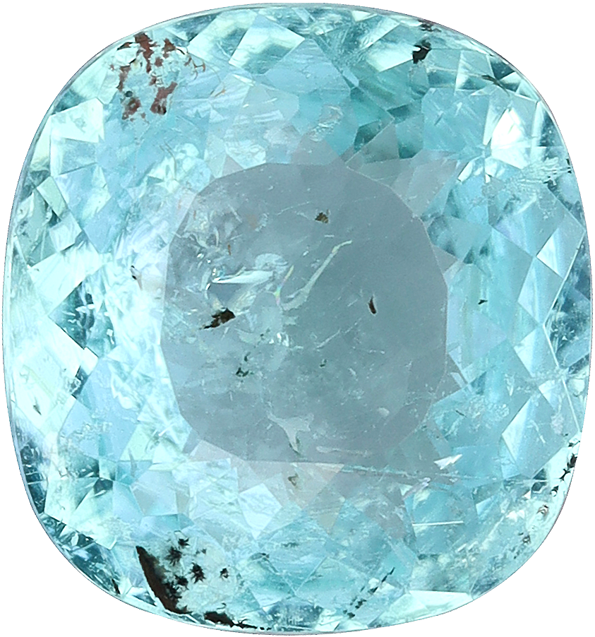 Cushion cut paraiba tourmaline, 8.84 by 8.23 mm, shown at actual size