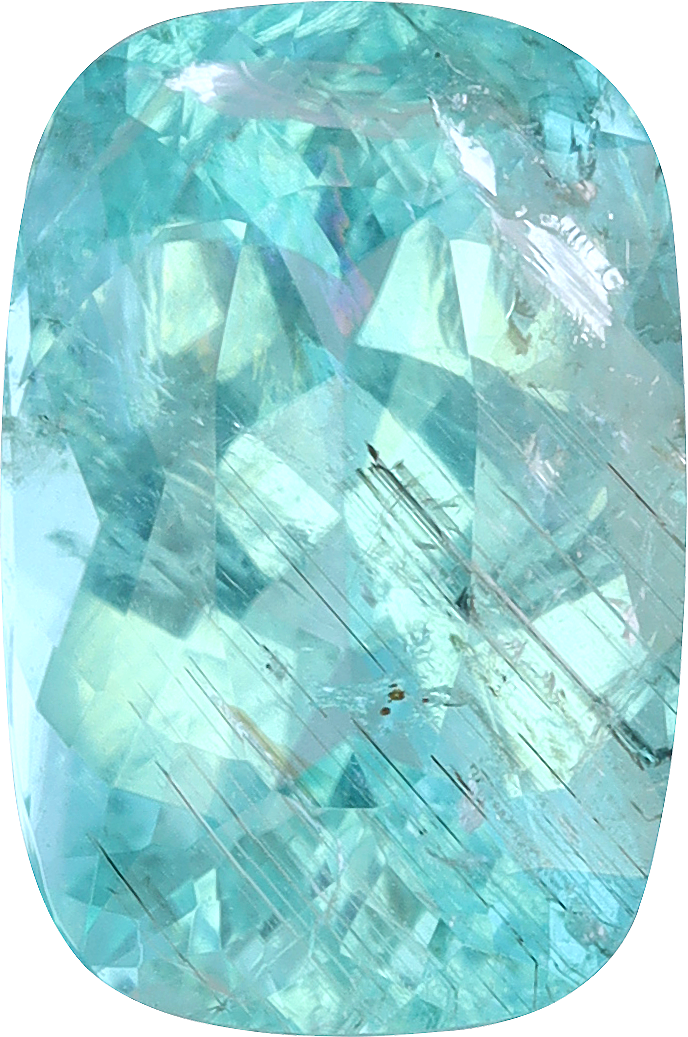 Cushion cut paraiba tourmaline, 9.85 by 6.59 mm, shown at actual size