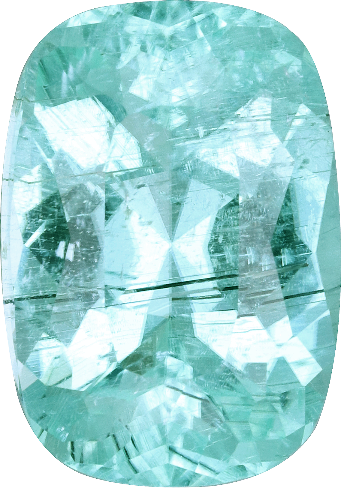 Cushion cut paraiba tourmaline, 13.74 by 9.63 mm, shown at actual size