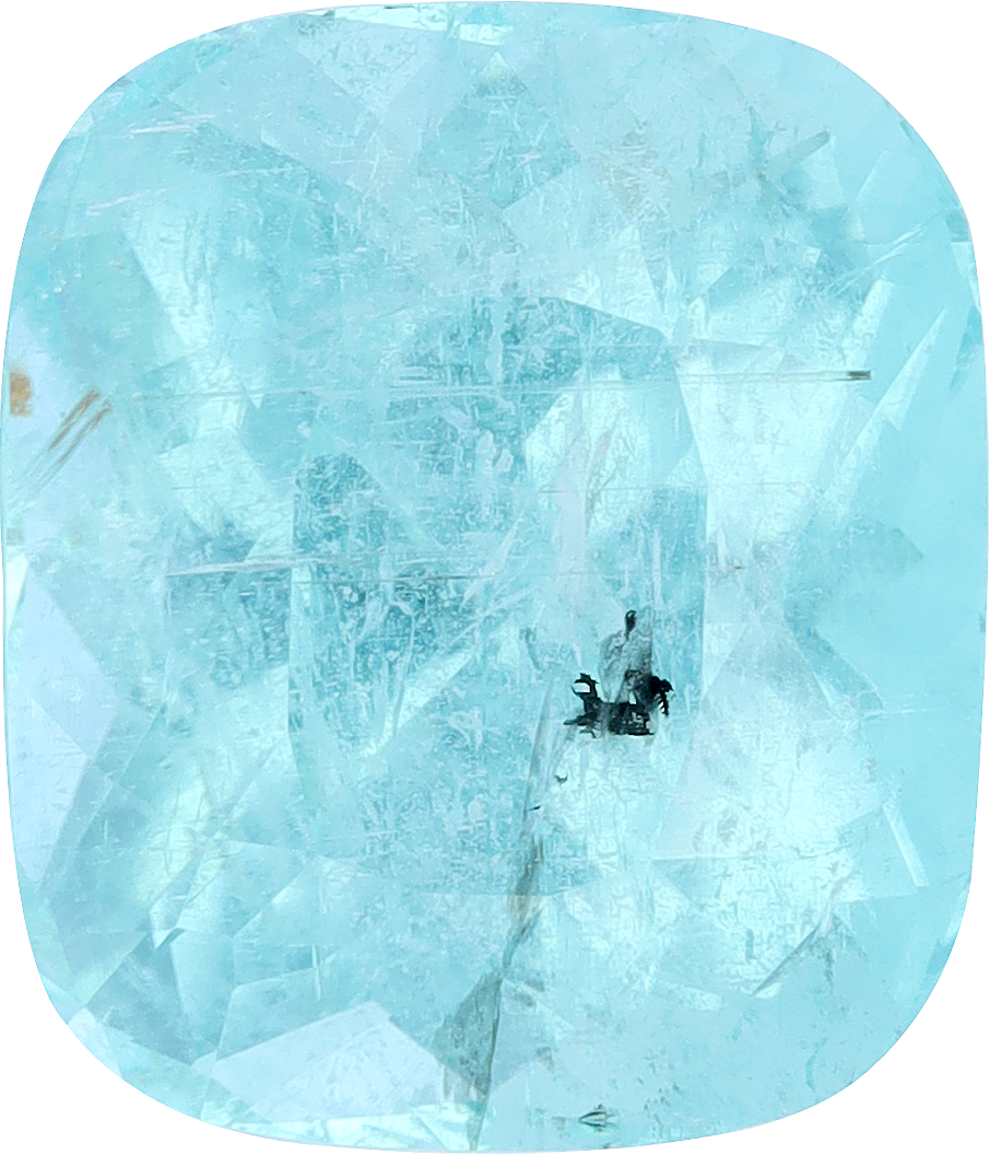 Cushion cut paraiba tourmaline, 16.77 by 14.47 mm, shown at actual size