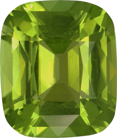 Cushion cut peridot, 11.9 by 10.1 mm, shown at actual size
