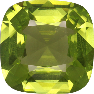 Cushion cut peridot, 10.6 by 10.6 mm, shown at actual size