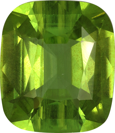 Cushion cut peridot, 11.8 by 10.2 mm, shown at actual size