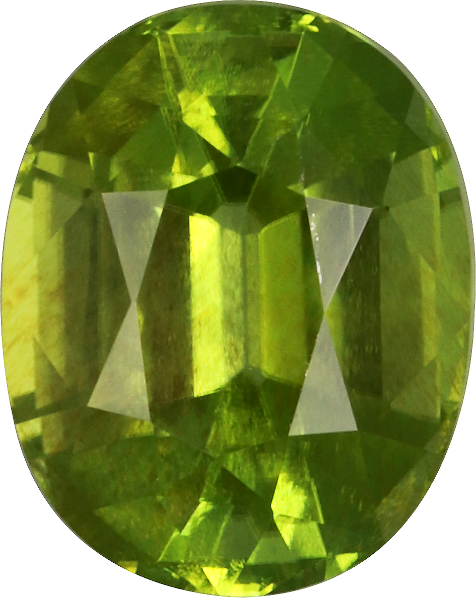 Oval cut peridot, 10.2 by 8.2 mm, shown at actual size