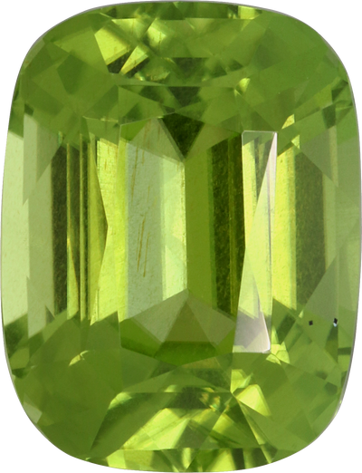 Cushion cut peridot, 10.16 by 7.76 mm, shown at actual size