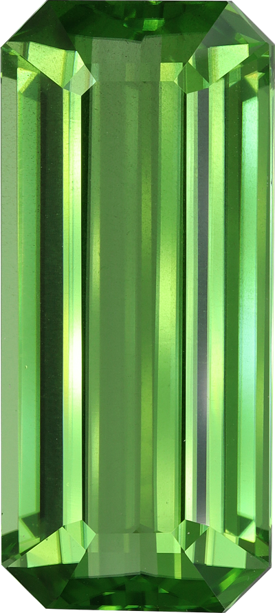 Rectangular cut peridot, 26.45 by 11.91 mm, shown at actual size