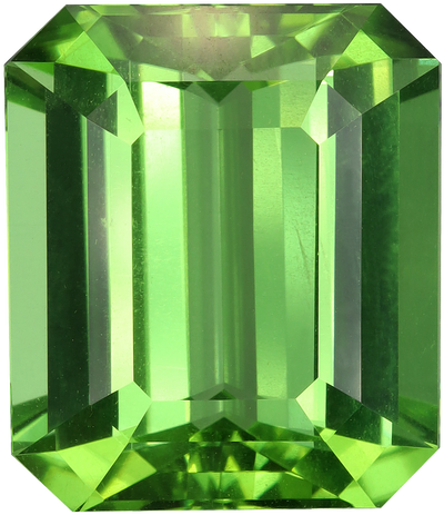 Rectangular cut peridot, 16.11 by 13.85 mm, shown at actual size