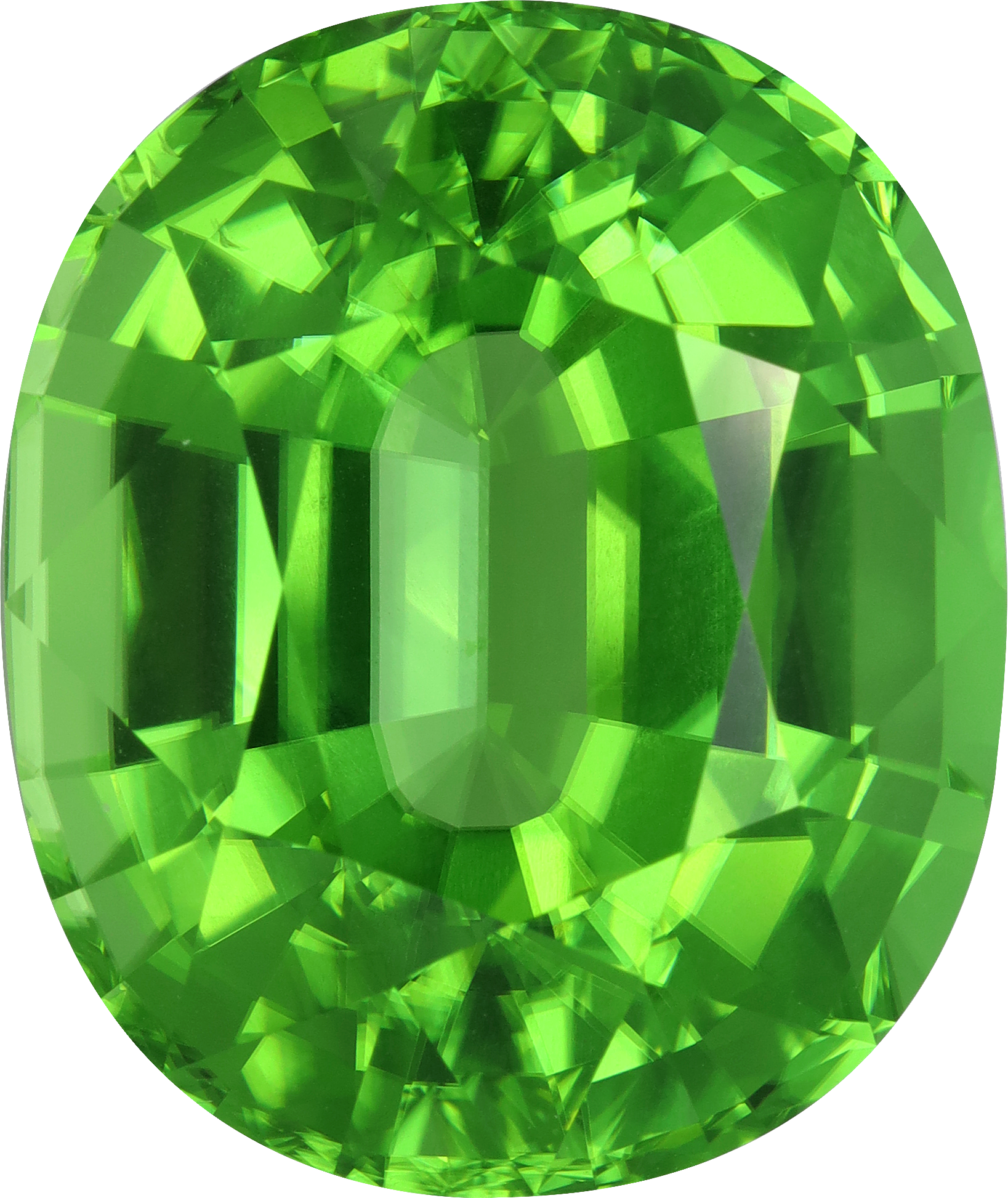 Oval cut peridot, 22.12 by 18.49 mm, shown at actual size