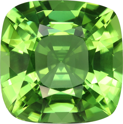 Cushion cut peridot, 14.94 by 14.91 mm, shown at actual size