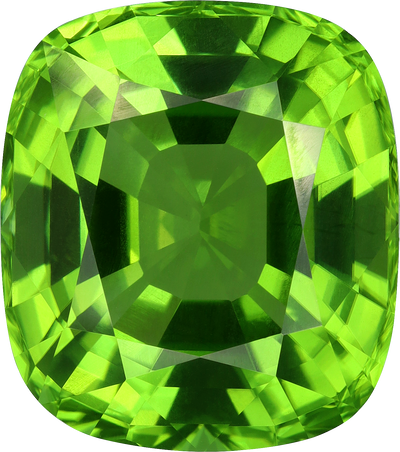 Cushion cut peridot, 16.14 by 14.32 mm, shown at actual size
