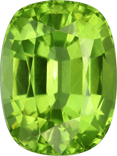 Cushion cut peridot, 11.45 by 8.63 mm, shown at actual size