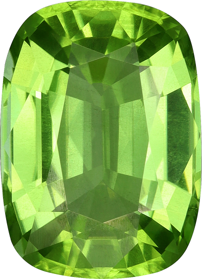 Cushion cut peridot, 11.81 by 8.48 mm, shown at actual size