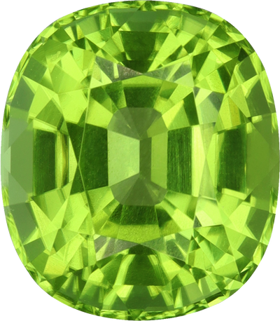 Cushion cut peridot, 10.3 by 9.01 mm, shown at actual size