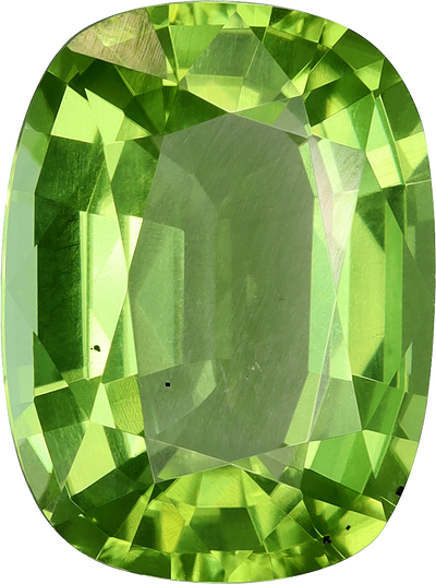 Cushion cut peridot, 11.58 by 8.68 mm, shown at actual size