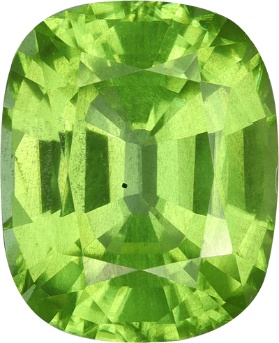 Cushion cut peridot, 9.7 by 7.94 mm, shown at actual size