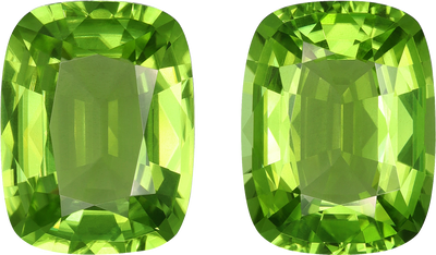 Cushion cut peridot, 14.55 by 11.09 mm, shown at actual size