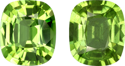 Cushion cut peridot, 11.26 by 9.74 mm, shown at actual size
