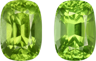 Cushion cut peridot, 11.03 by 7.6 mm, shown at actual size