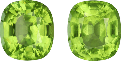 Cushion cut peridot, 10.02 by 8.93 mm, shown at actual size