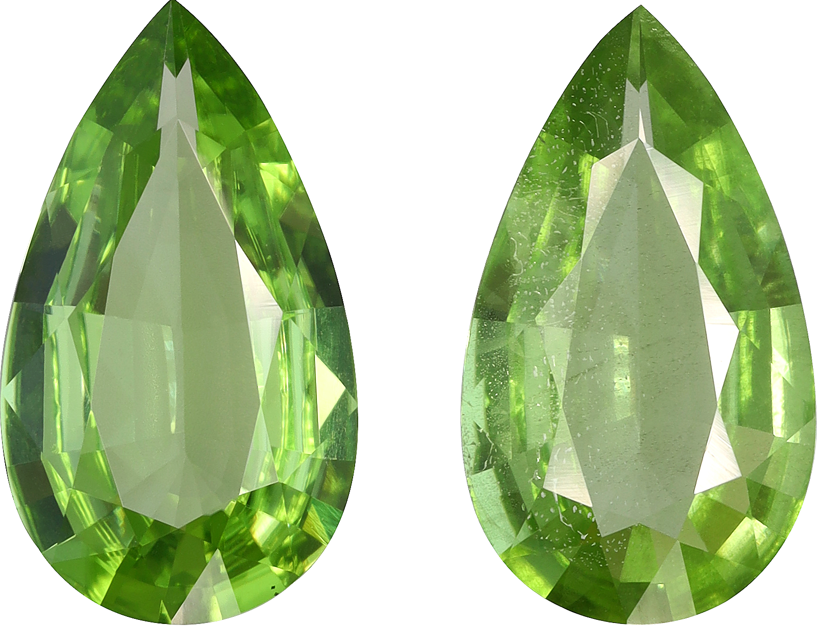 Pear cut peridot, 13.71 by 7.85 mm, shown at actual size