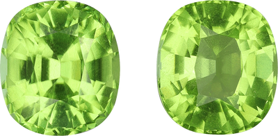 Cushion cut peridot, 8.6 by 7.68 mm, shown at actual size