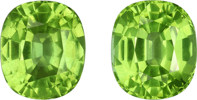 Cushion cut peridot, 8.64 by 7.46 mm, shown at actual size