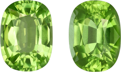 Cushion cut peridot, 10.02 by 7.29 mm, shown at actual size